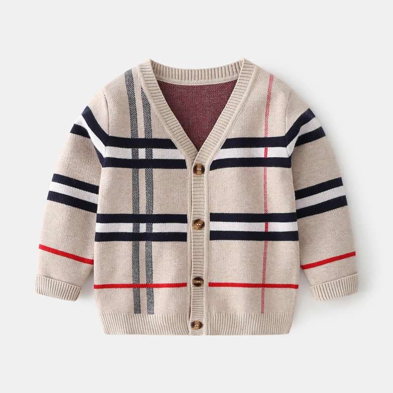 チェック柄ニットカーディガン ボーダー服