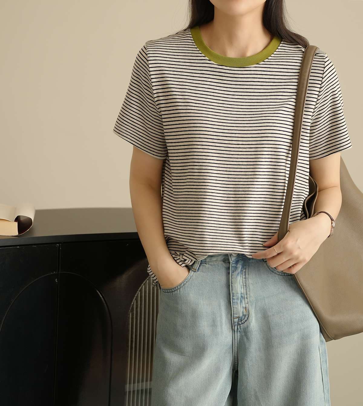 コントラスト襟 ボーダー柄 半袖Tシャツ ボーダー服