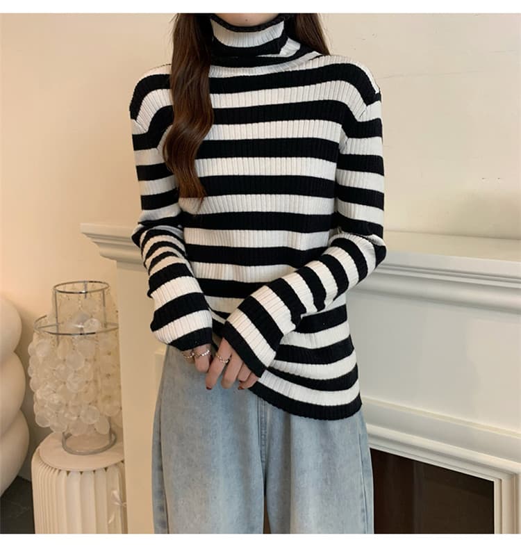 ボーダー服セーター 着まわし抜群ボーダータートルネックニット