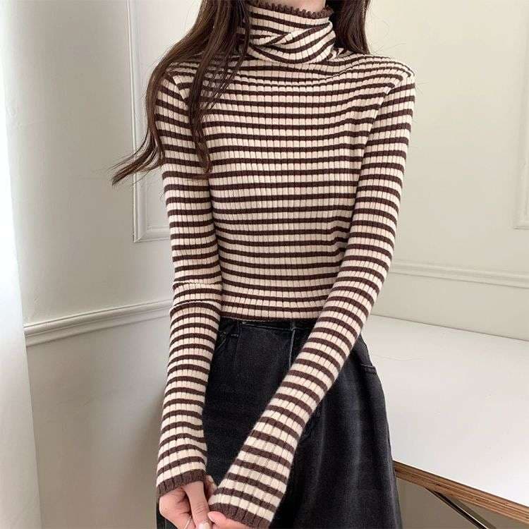 リブニット ボーダー タートルネック トップス ボーダー服