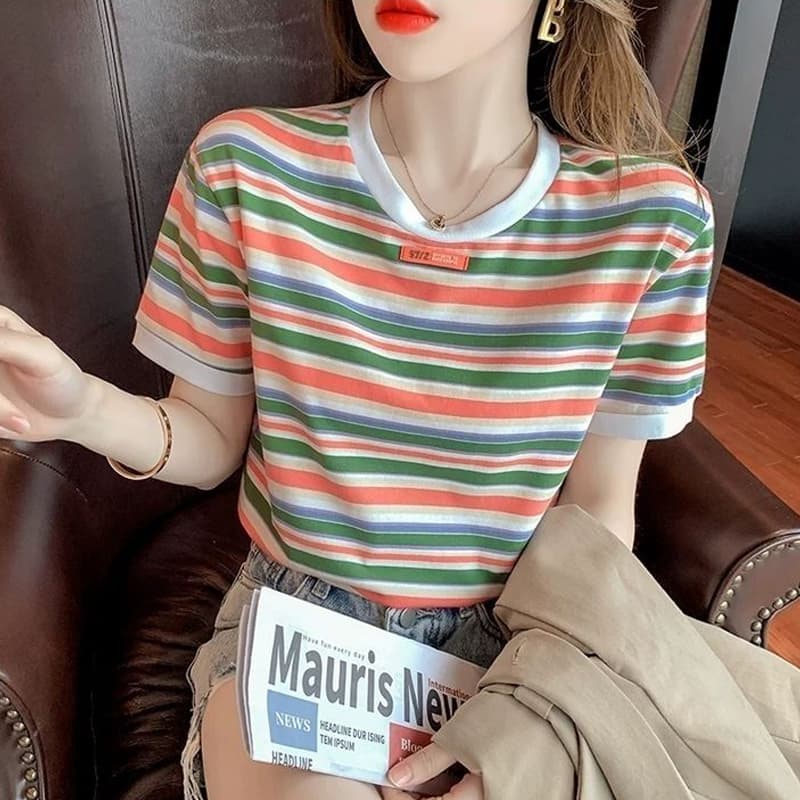 ボーダー服 爽やかマルチボーダーリブ付き半袖