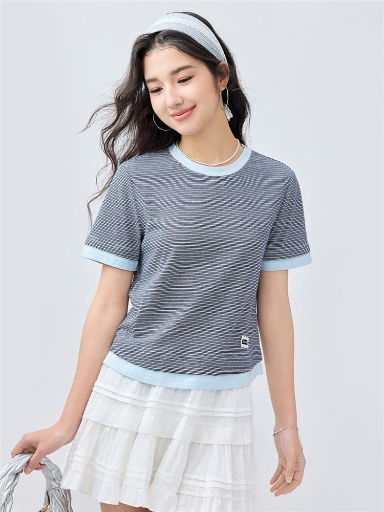 ボーダー服 さわやか細ボーダーゆったりクルーネック半袖