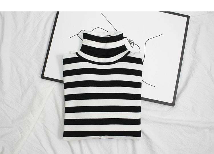 モノトーン太ボーダーのタートルネックセーター ボーダー服