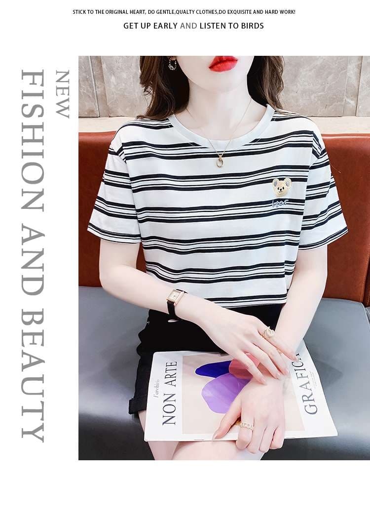 クマ刺繍入りボーダーゆるTシャツ ボーダー服