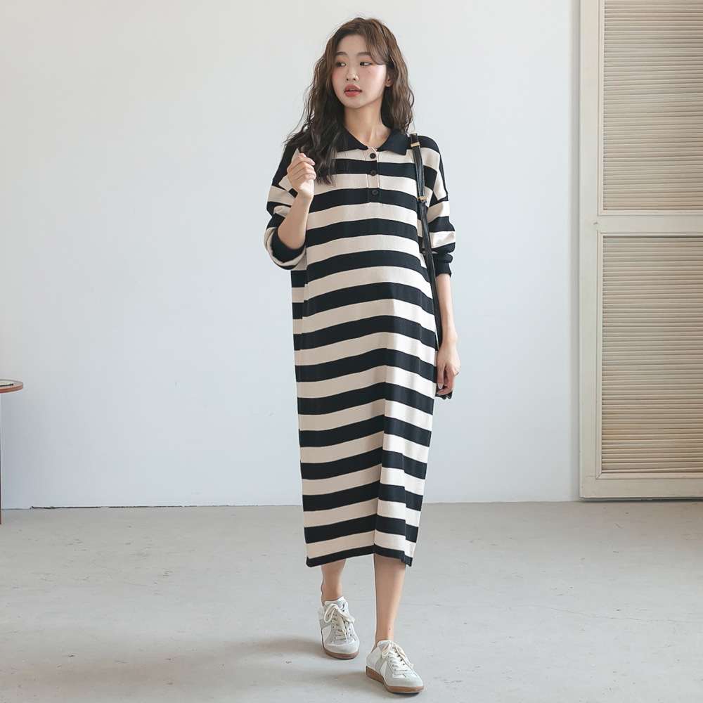 ストライプ柄ポロカラーニットワンピース ボーダー服