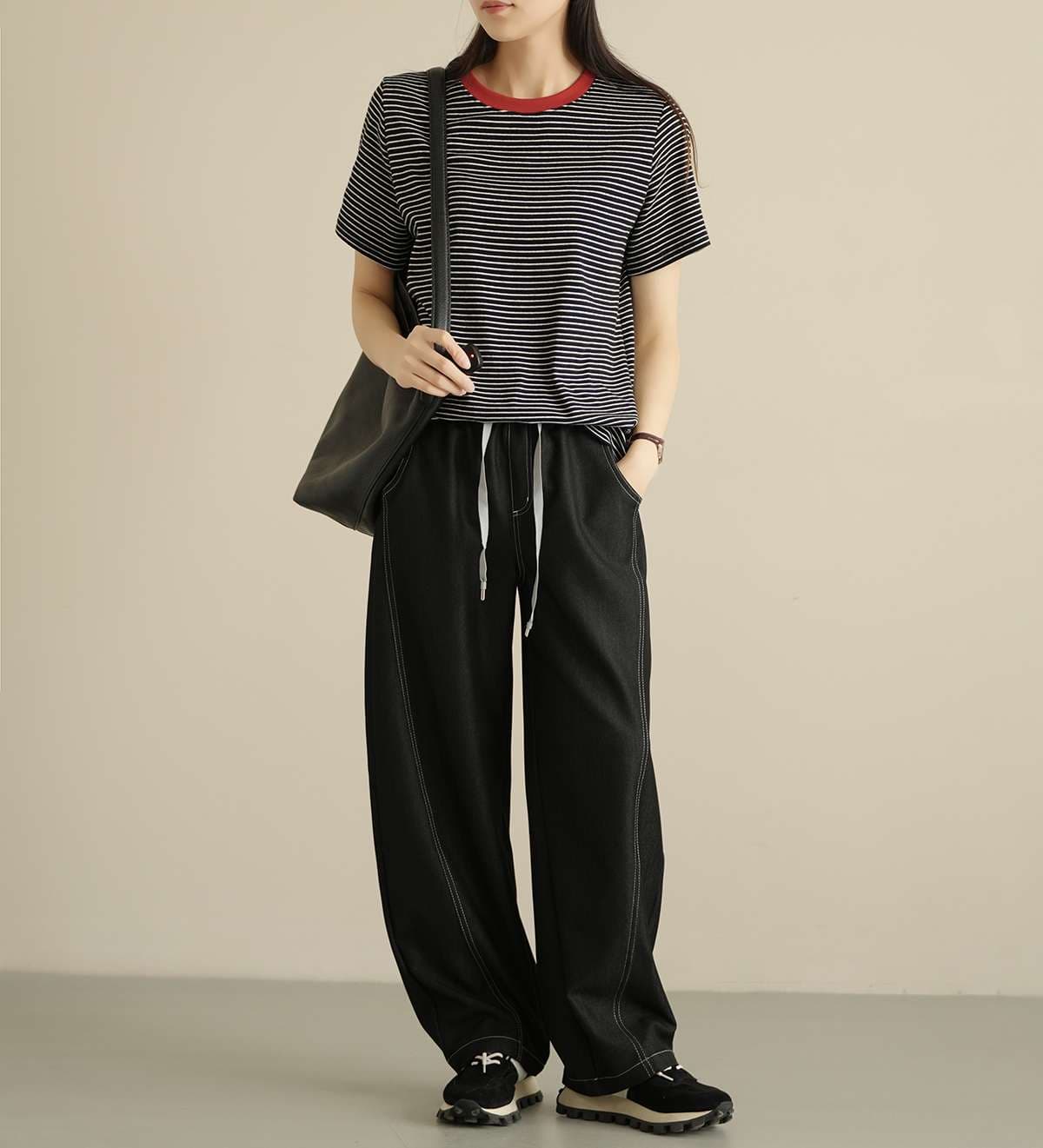 コントラスト襟 ボーダー柄 半袖Tシャツ ボーダー服