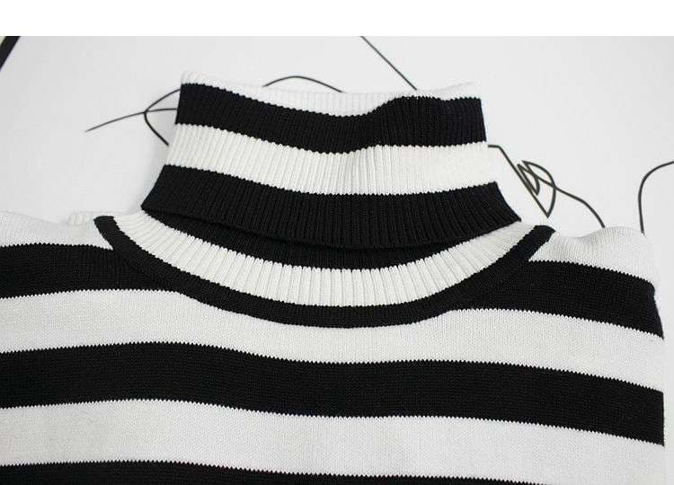 モノトーン太ボーダーのタートルネックセーター ボーダー服