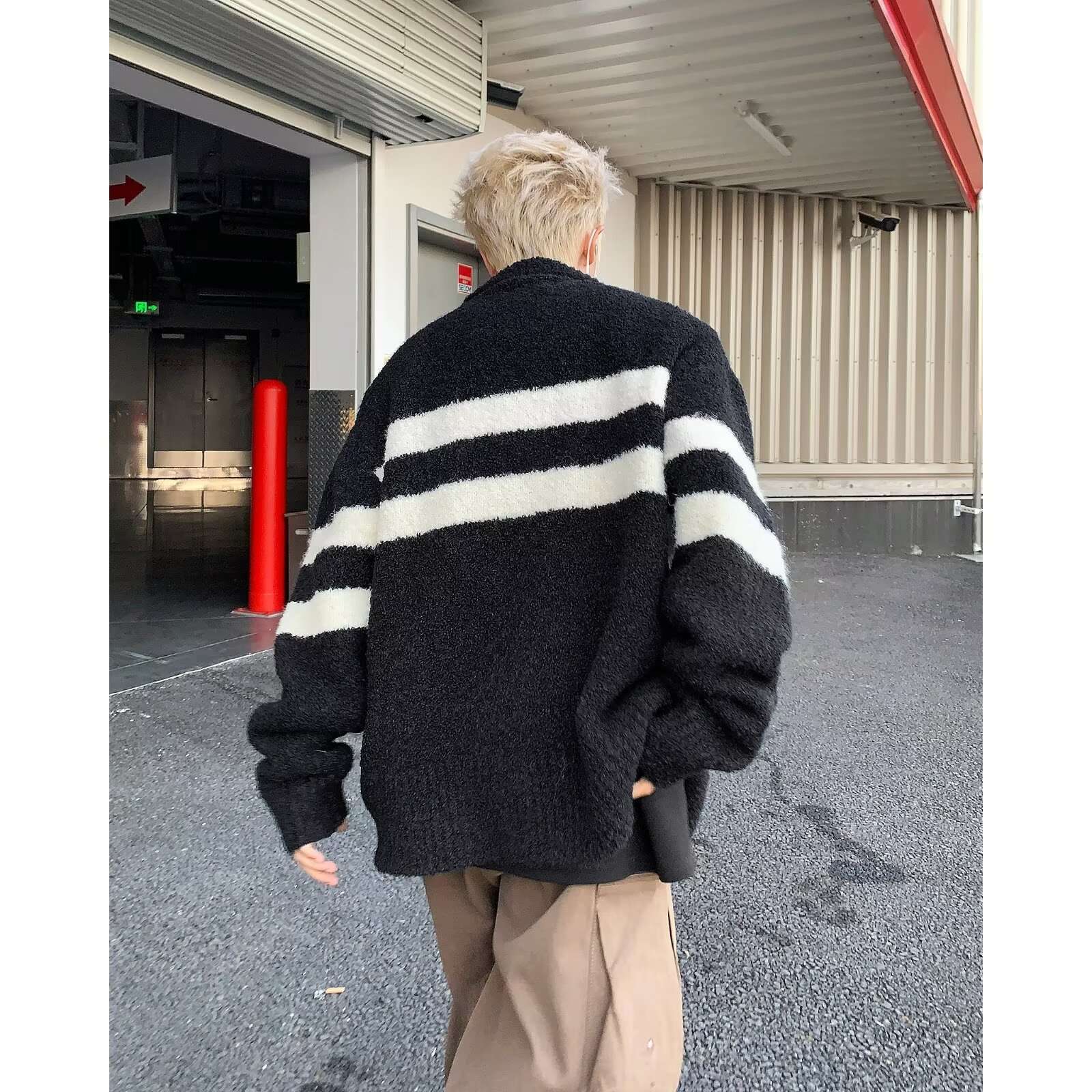 モコモコボーダーニットカーディガン ボーダー服
