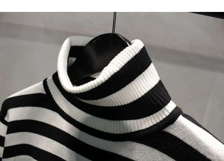モノトーン太ボーダーのタートルネックセーター ボーダー服