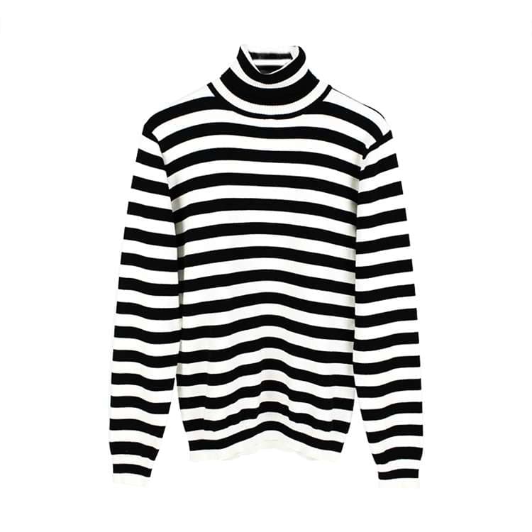 モノトーン太ボーダーのタートルネックセーター ボーダー服
