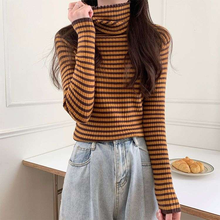 リブニット ボーダー タートルネック トップス ボーダー服