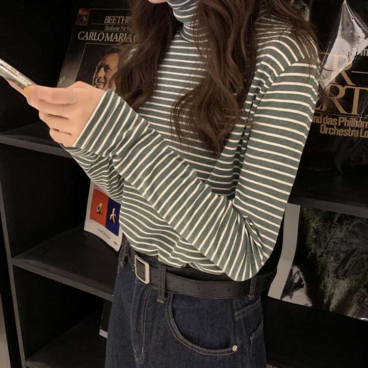 シンプルボーダータートルネック長袖トップス ボーダー服