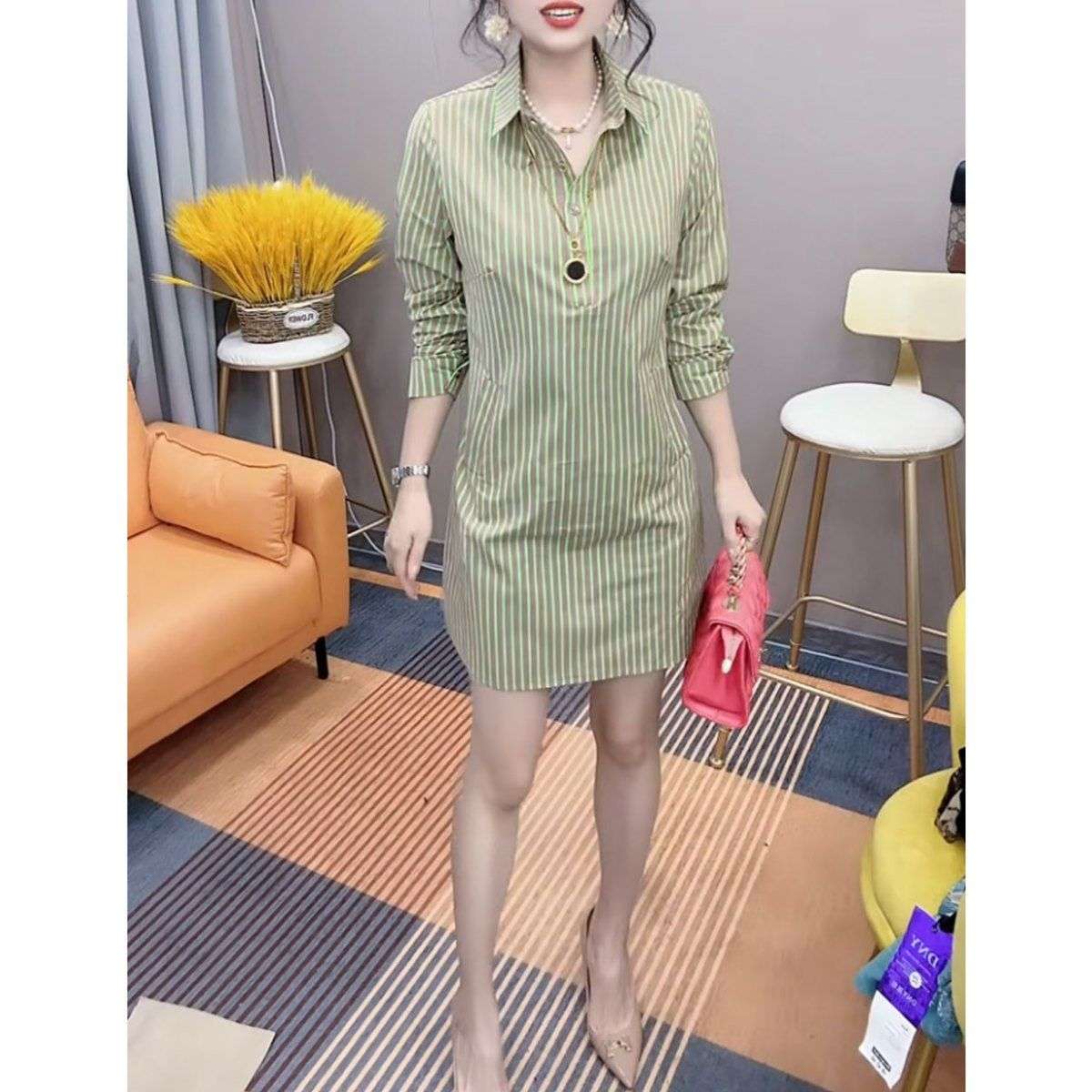 ストライプ柄シャツワンピース ボーダー服
