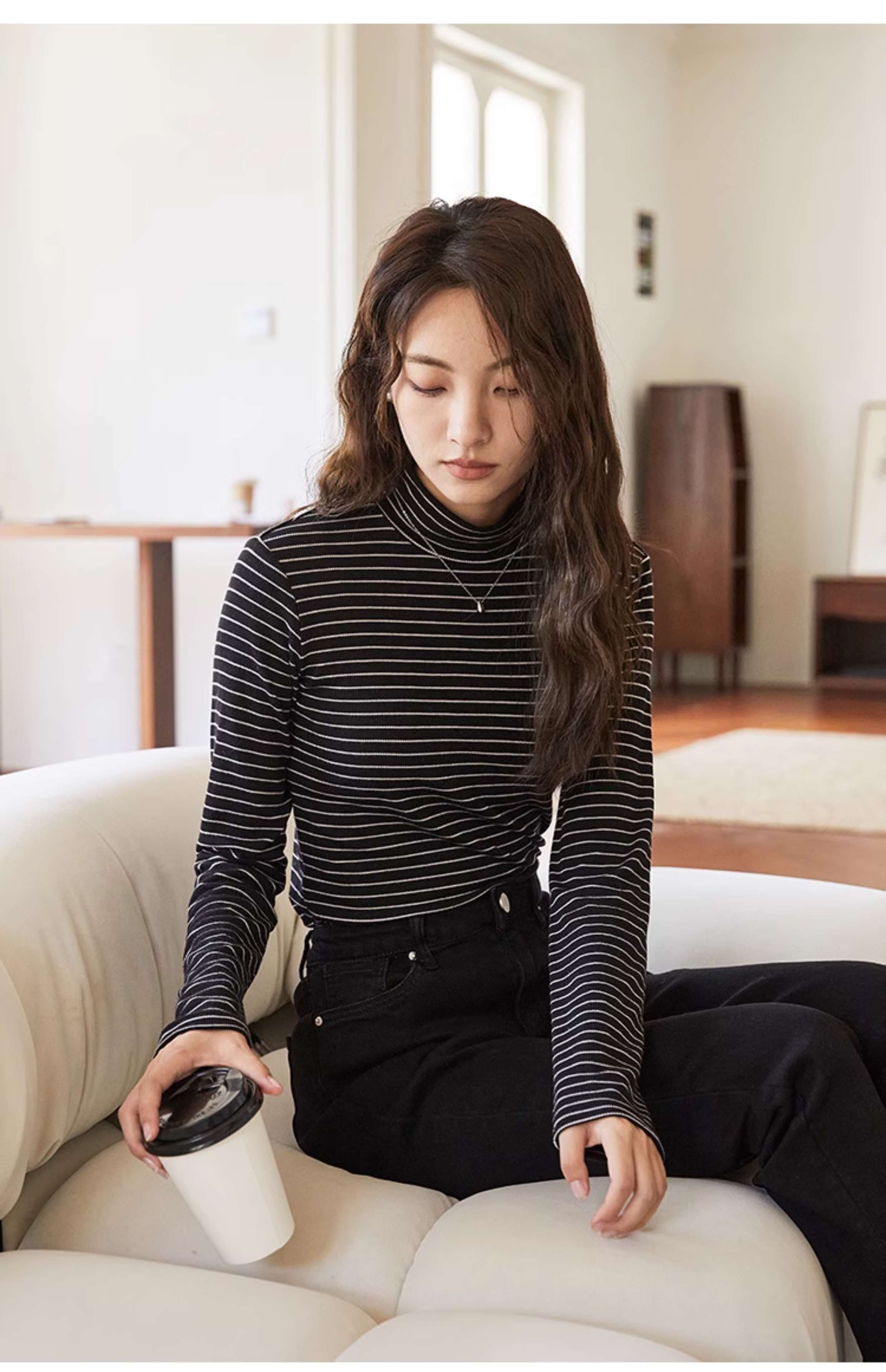 スリムフィットボーダータートルネック ボーダー服