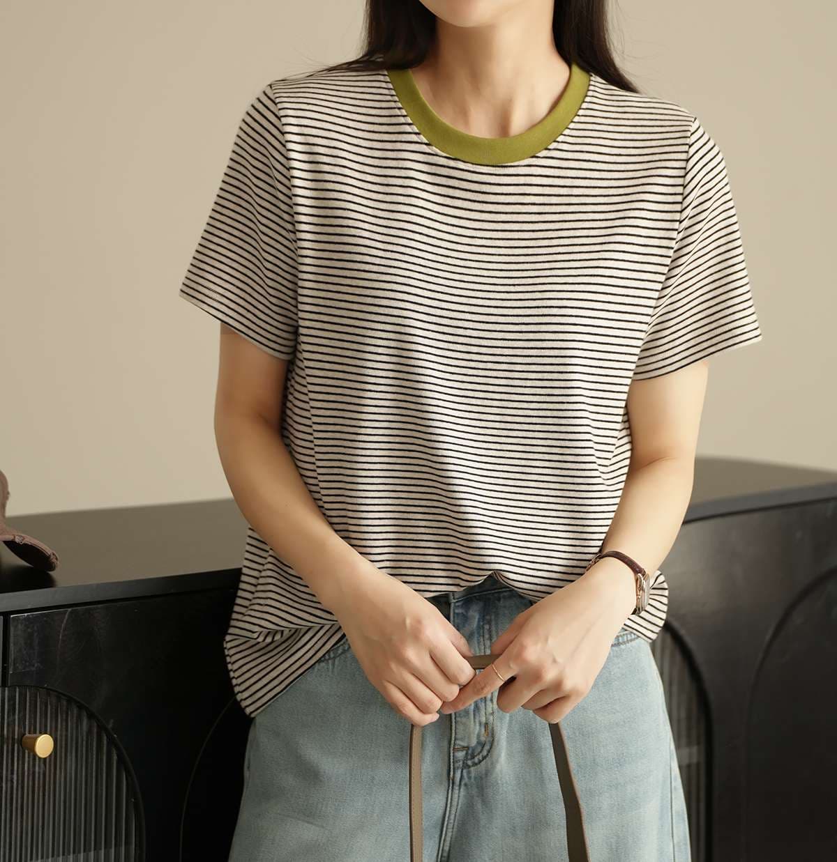 コントラスト襟 ボーダー柄 半袖Tシャツ ボーダー服