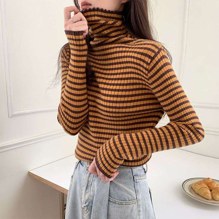 リブニット ボーダー タートルネック トップス ボーダー服