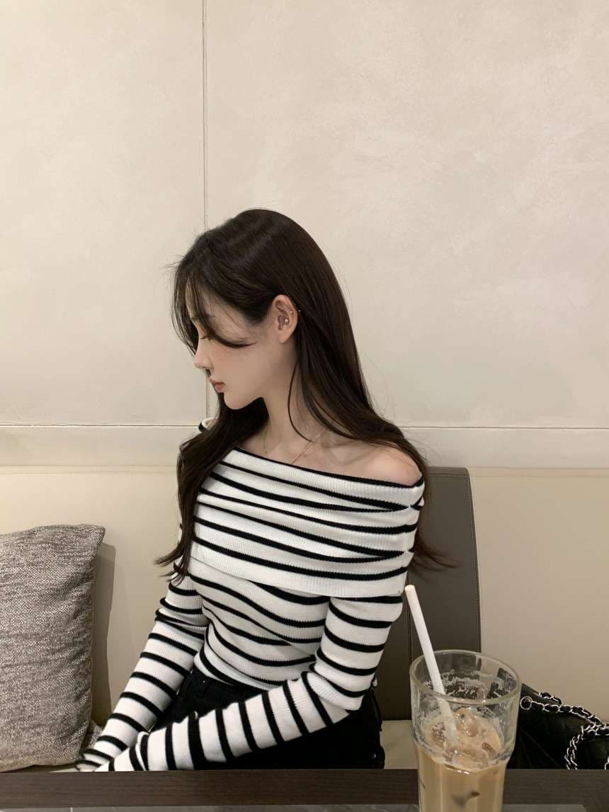 オフショルダー ボーダー リブニット ボーダー服