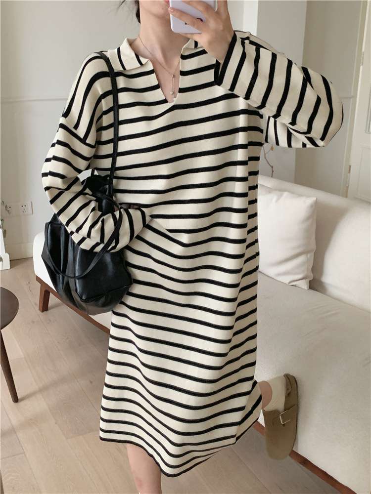 オーバーサイズVネックボーダーワンピース ボーダー服