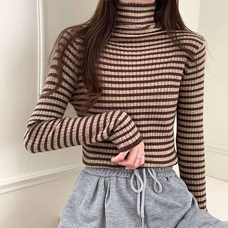 リブニット ボーダー タートルネック トップス ボーダー服