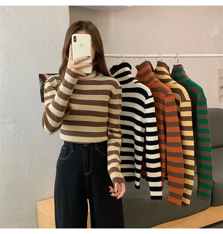 ボーダー服セーター 着まわし抜群ボーダータートルネックニット