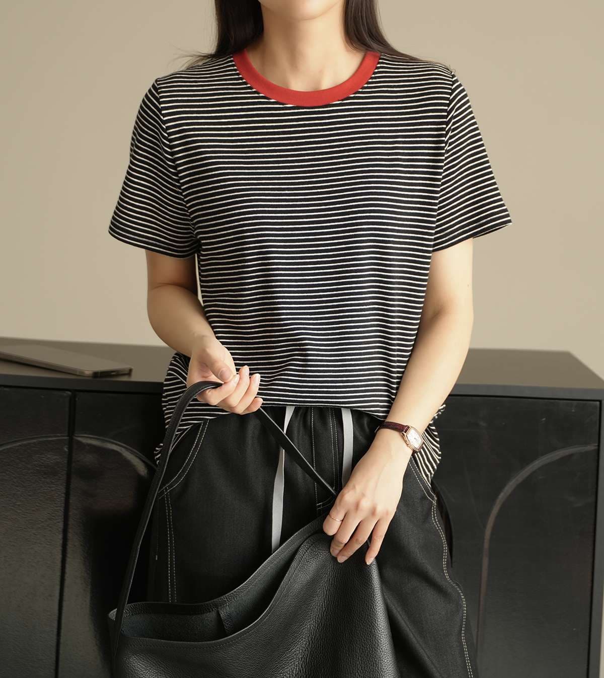 コントラスト襟 ボーダー柄 半袖Tシャツ ボーダー服