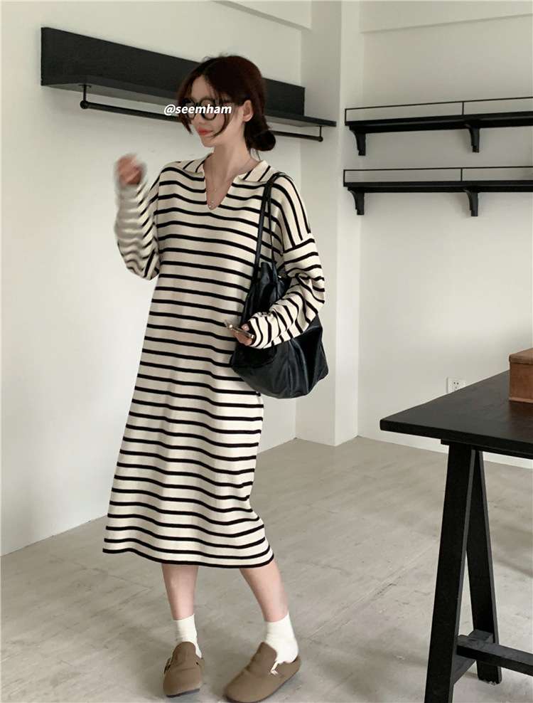 オーバーサイズVネックボーダーワンピース ボーダー服