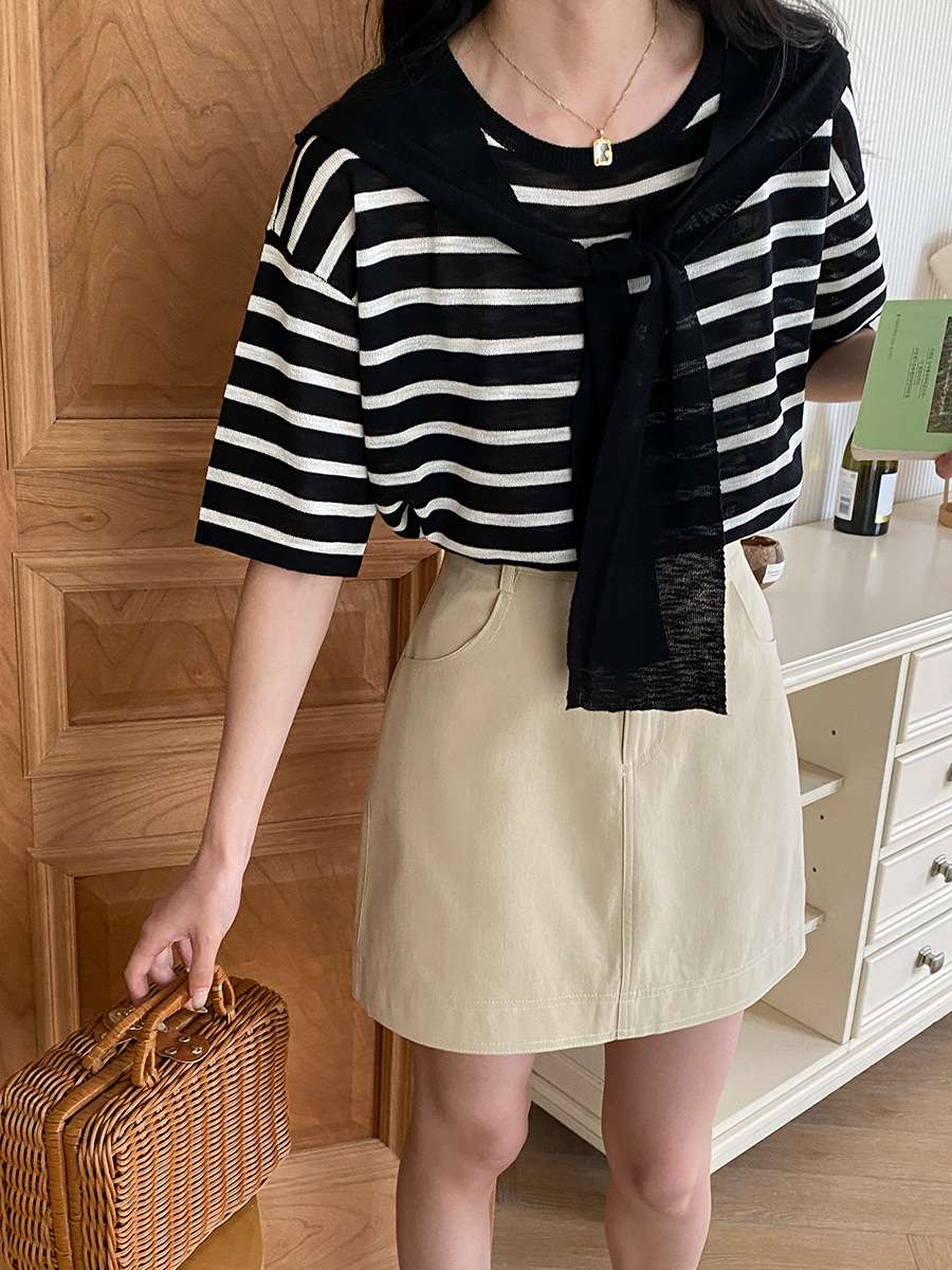 デザインリボン付きボーダーニット ボーダー服
