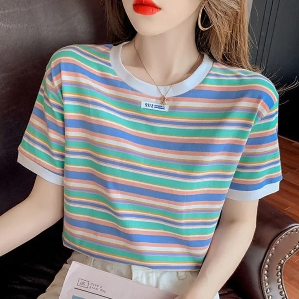 ボーダー服 爽やかマルチボーダーリブ付き半袖