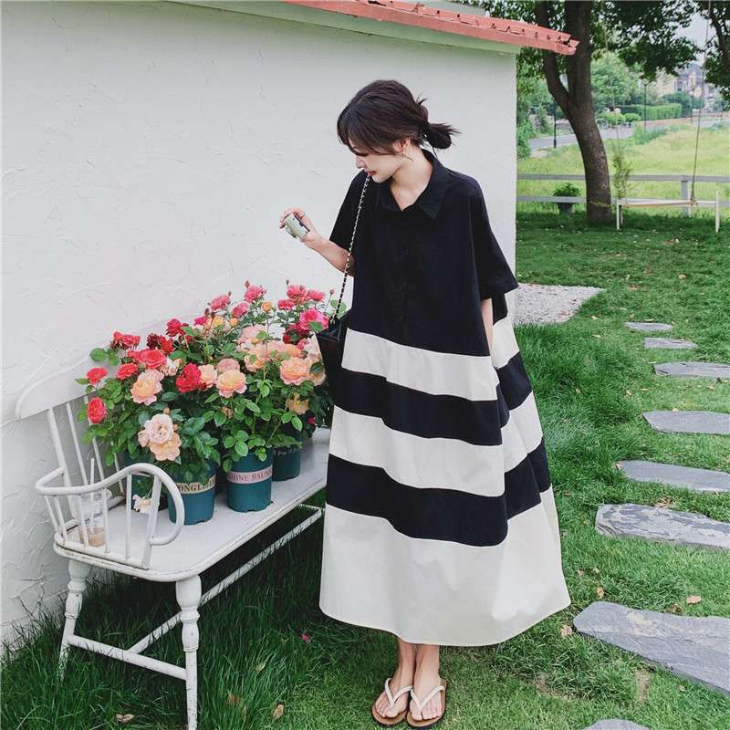 ふんわり袖のゆったりボーダーワンピース ボーダー服