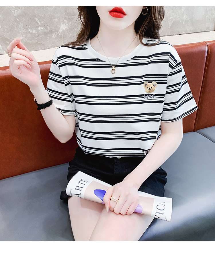 クマ刺繍入りボーダーゆるTシャツ ボーダー服