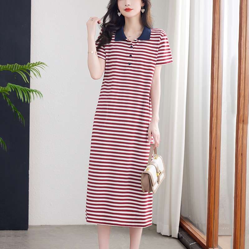 清涼感あふれる襟付きボーダーワンピース ボーダー服