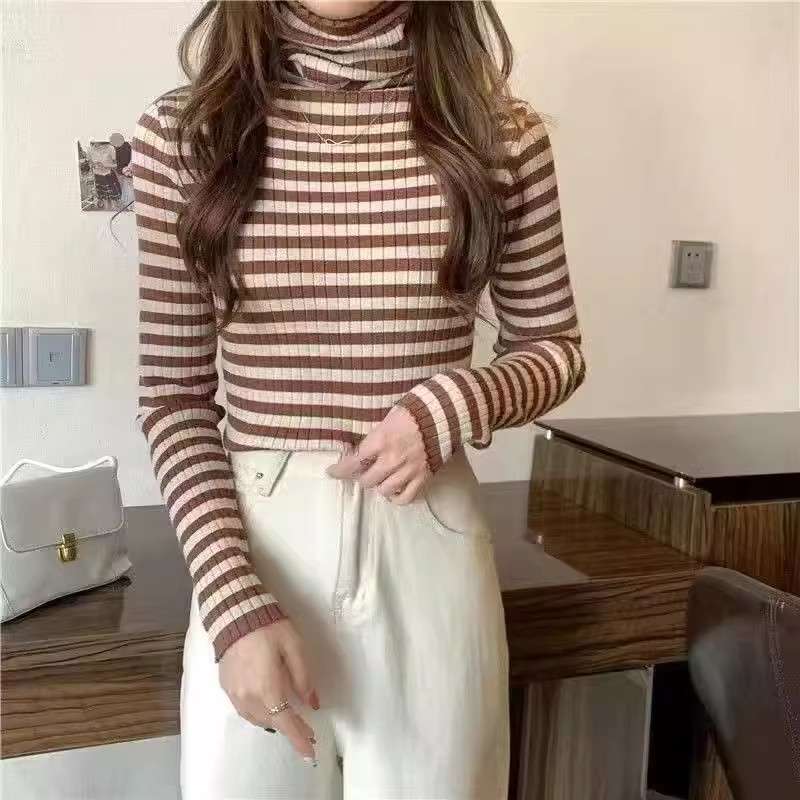 リブ編みボーダータートルネックセーター ボーダー服