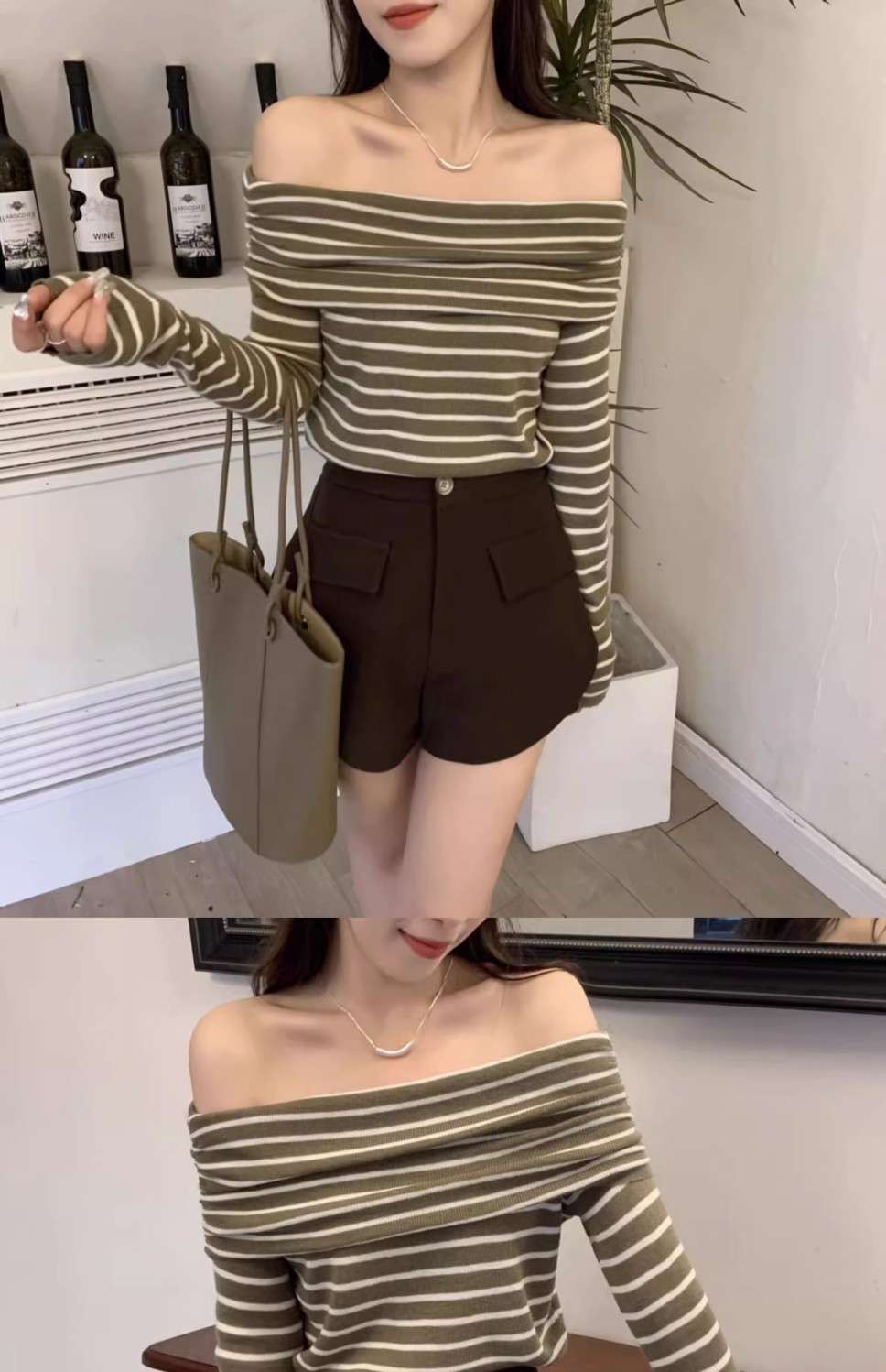 オフショルダーニットボーダーセーター ボーダー服