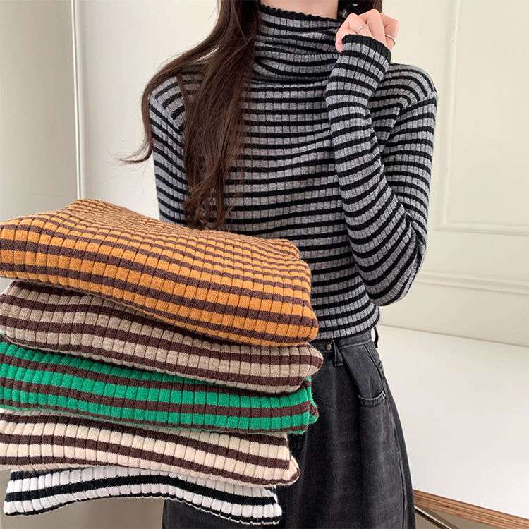 リブニット ボーダー タートルネック トップス ボーダー服