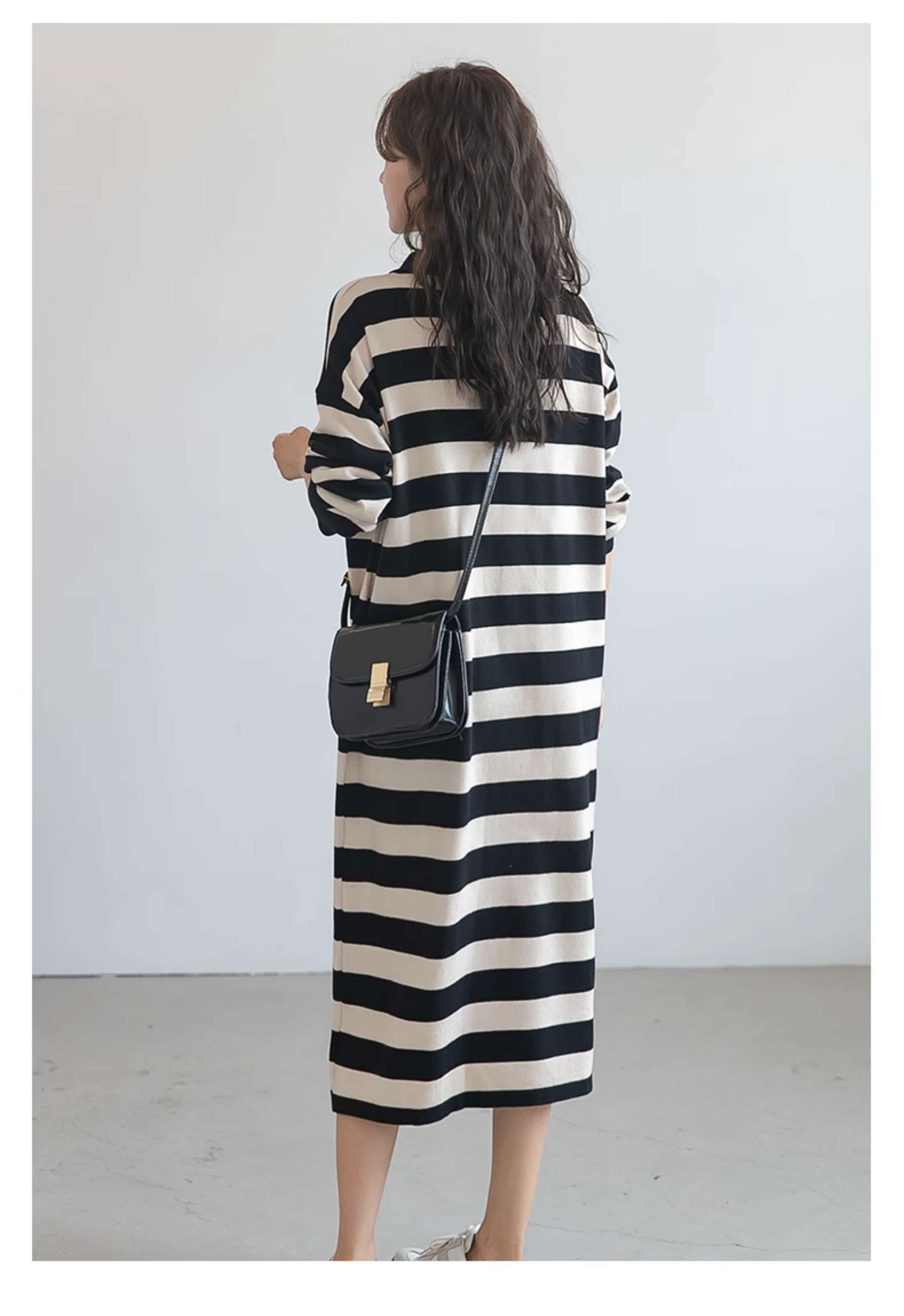 ストライプ柄ポロカラーニットワンピース ボーダー服