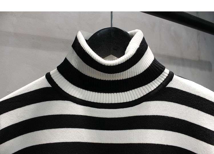 モノトーン太ボーダーのタートルネックセーター ボーダー服