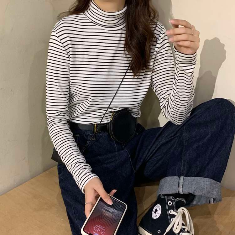 シンプルボーダータートルネック長袖トップス ボーダー服