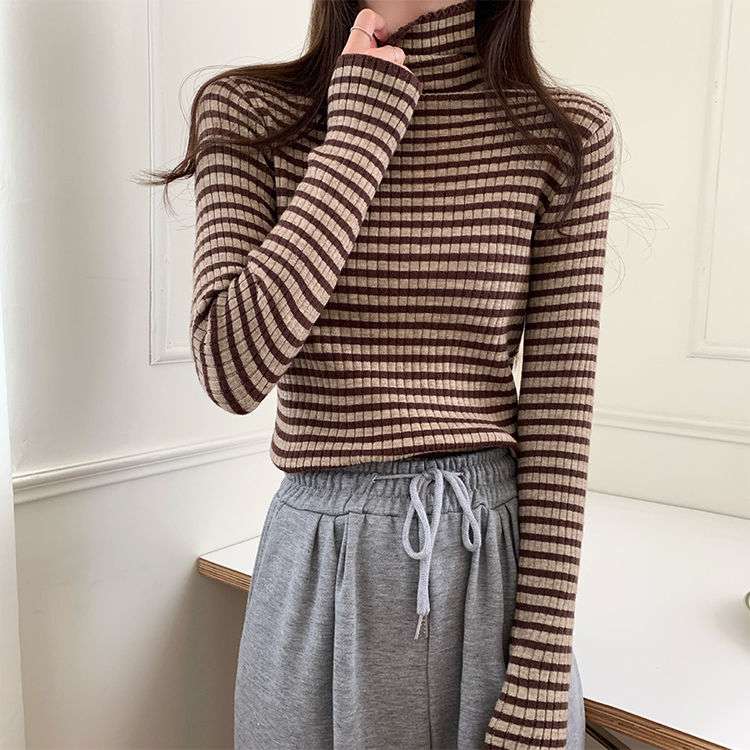 リブニット ボーダー タートルネック トップス ボーダー服