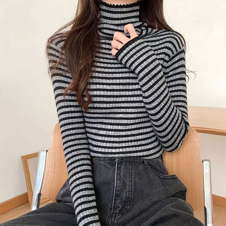 リブニット ボーダー タートルネック トップス ボーダー服