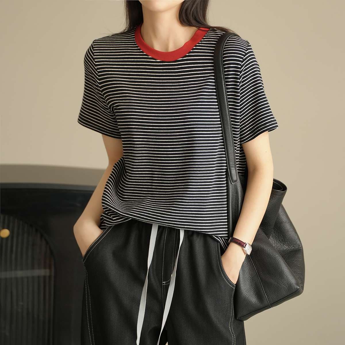 コントラスト襟 ボーダー柄 半袖Tシャツ ボーダー服