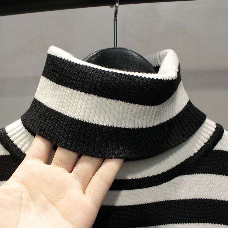 モノトーン太ボーダーのタートルネックセーター ボーダー服