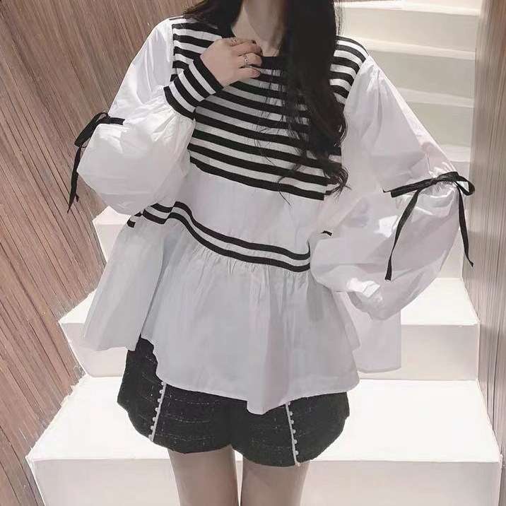 フリルデザインボーダーブラウス ボーダー服