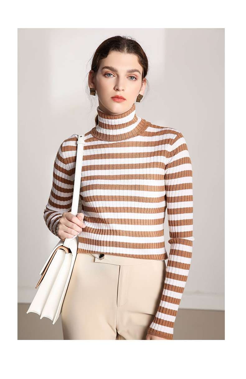 リブ編みボーダータートルネックニット ボーダー服
