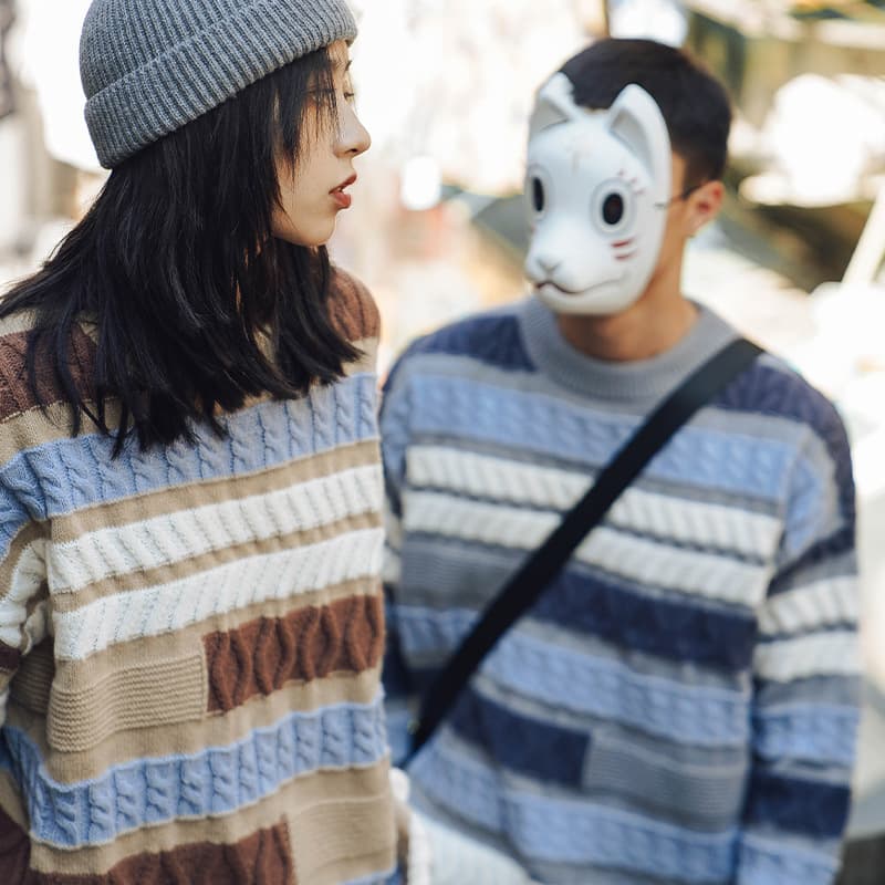 冬季ボーダーケーブル編みニット ボーダー服