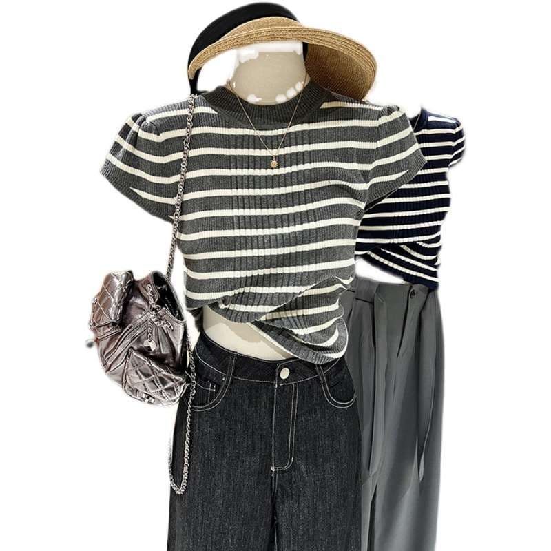 ーダー半袖ニットトップス　Tシャツ・ロンT ボーダー服