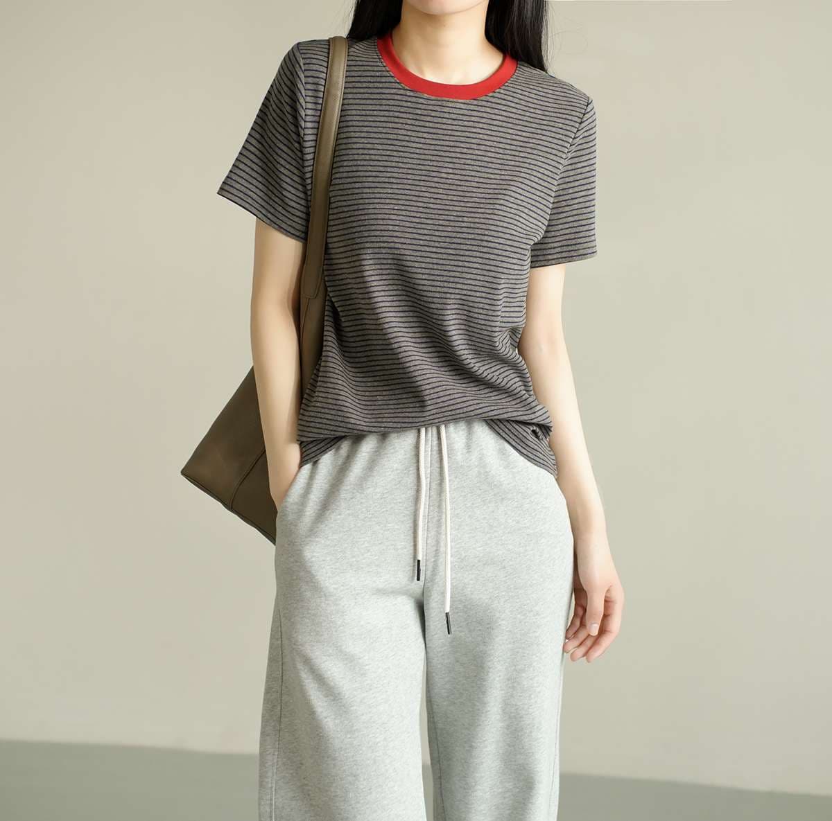 コントラスト襟 ボーダー柄 半袖Tシャツ ボーダー服