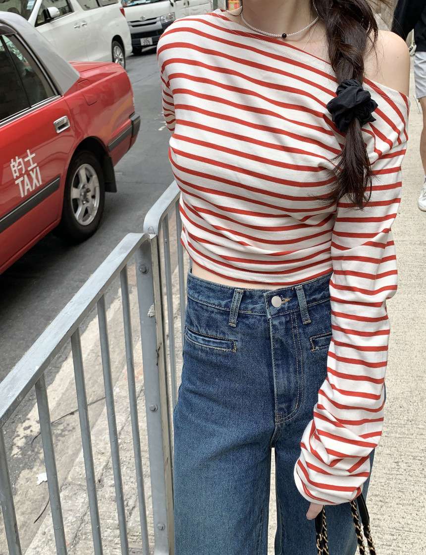 オフショルダー ボーダー ロンT ボーダー服