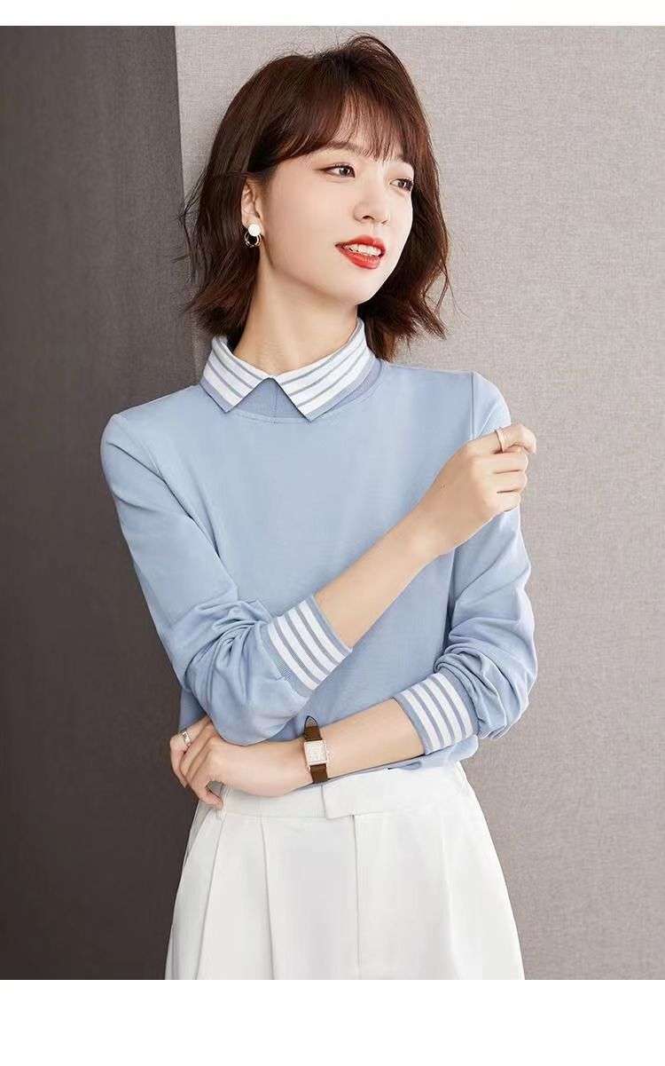 モダンストライプ襟デザイン長袖トップス ボーダー服