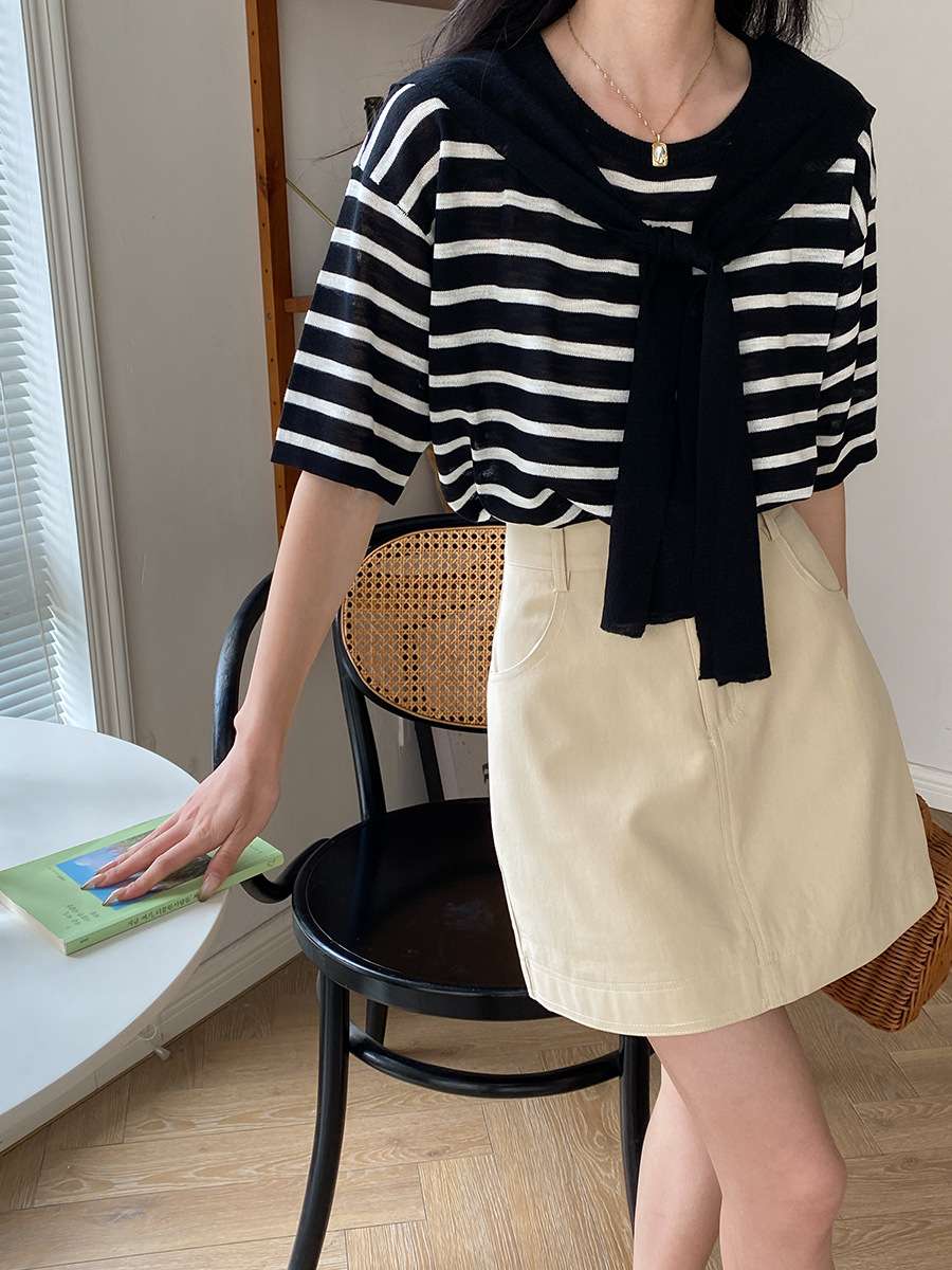 デザインリボン付きボーダーニット ボーダー服