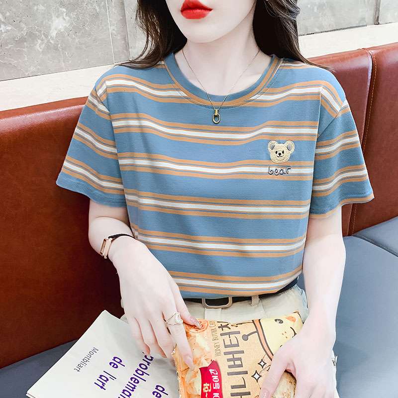 クマ刺繍入りボーダーゆるTシャツ ボーダー服
